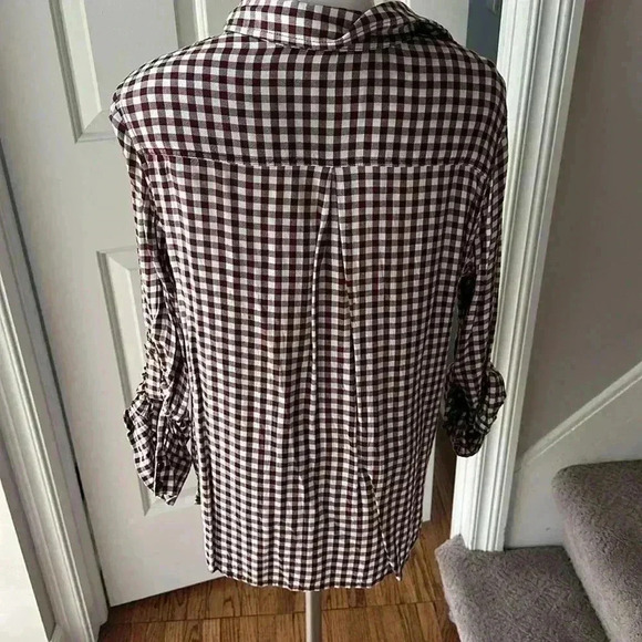 Size M Cosmic Blue Love burnt red checker down blouse - Picture 5 of 7